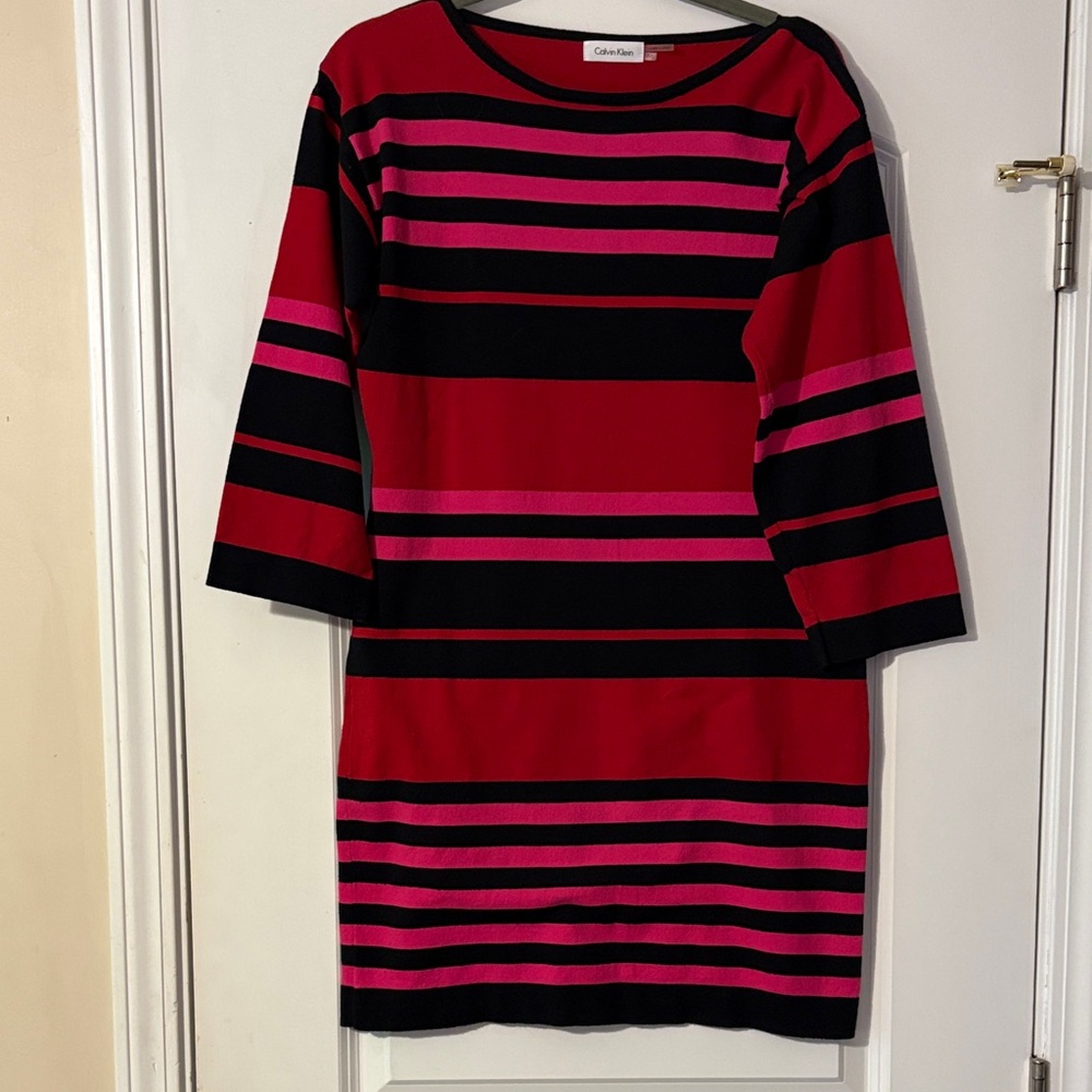 Calvin Klein Red, Black & Pink Striped Knit Mini Dress